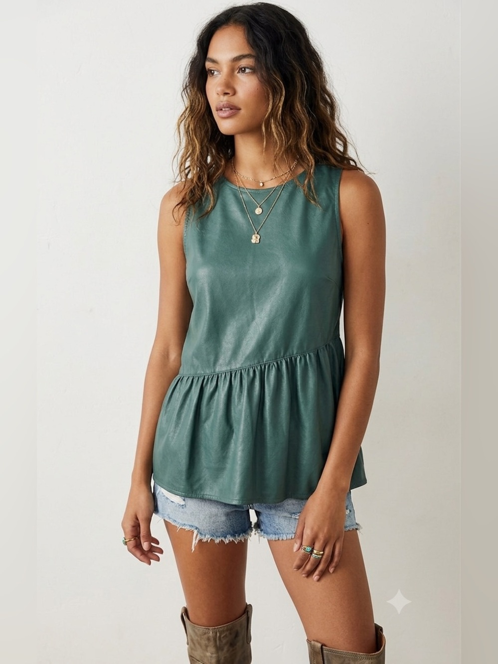 Calligraphie Faux Leather Peplum Dark Green Top Size Large